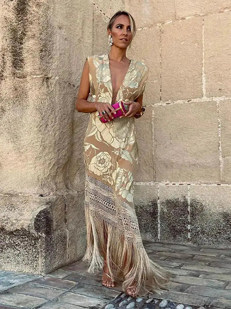 Patchwork Printed Tassels Dress For Elegant Clubwear Women