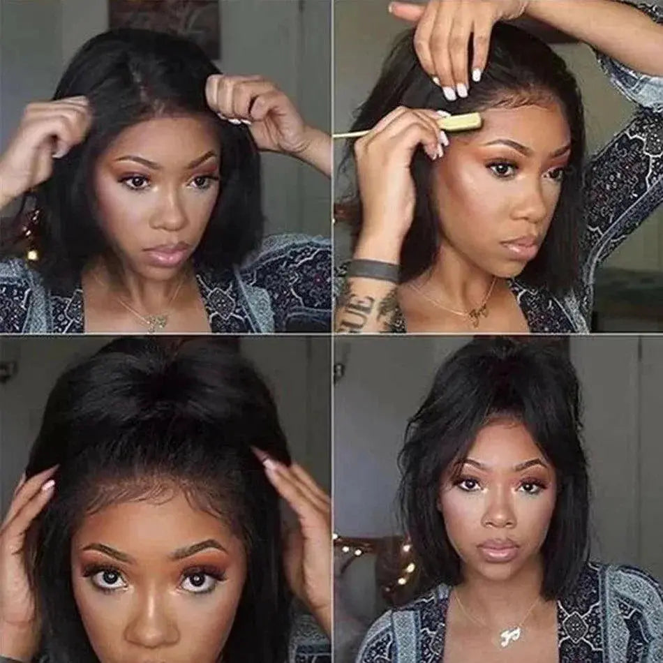Peruvian Remy Kinky Straight Bob Wig HD Lace Yaki Texture