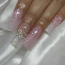 Pink Bow Press On Nails Elegant Pearl Coffin Accent Set