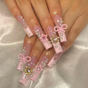 Pink Bow Press On Nails Elegant Pearl Coffin Accent Set