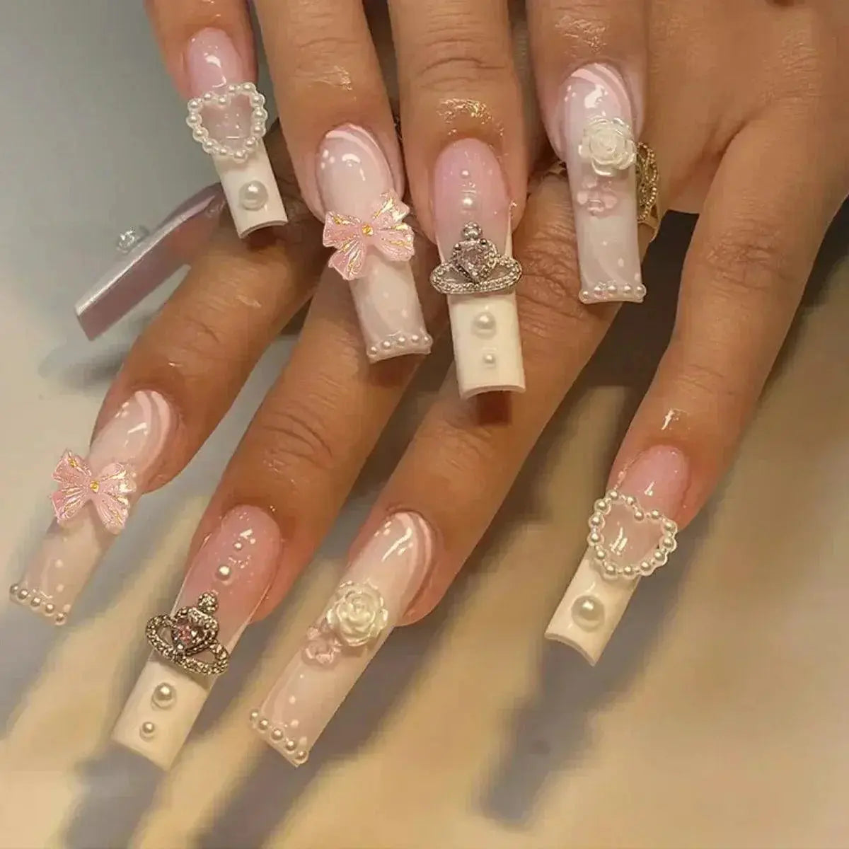 Pink Bow Press On Nails Elegant Pearl Coffin Accent Set