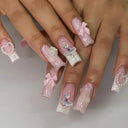 Pink Bow Press On Nails Elegant Pearl Coffin Accent Set