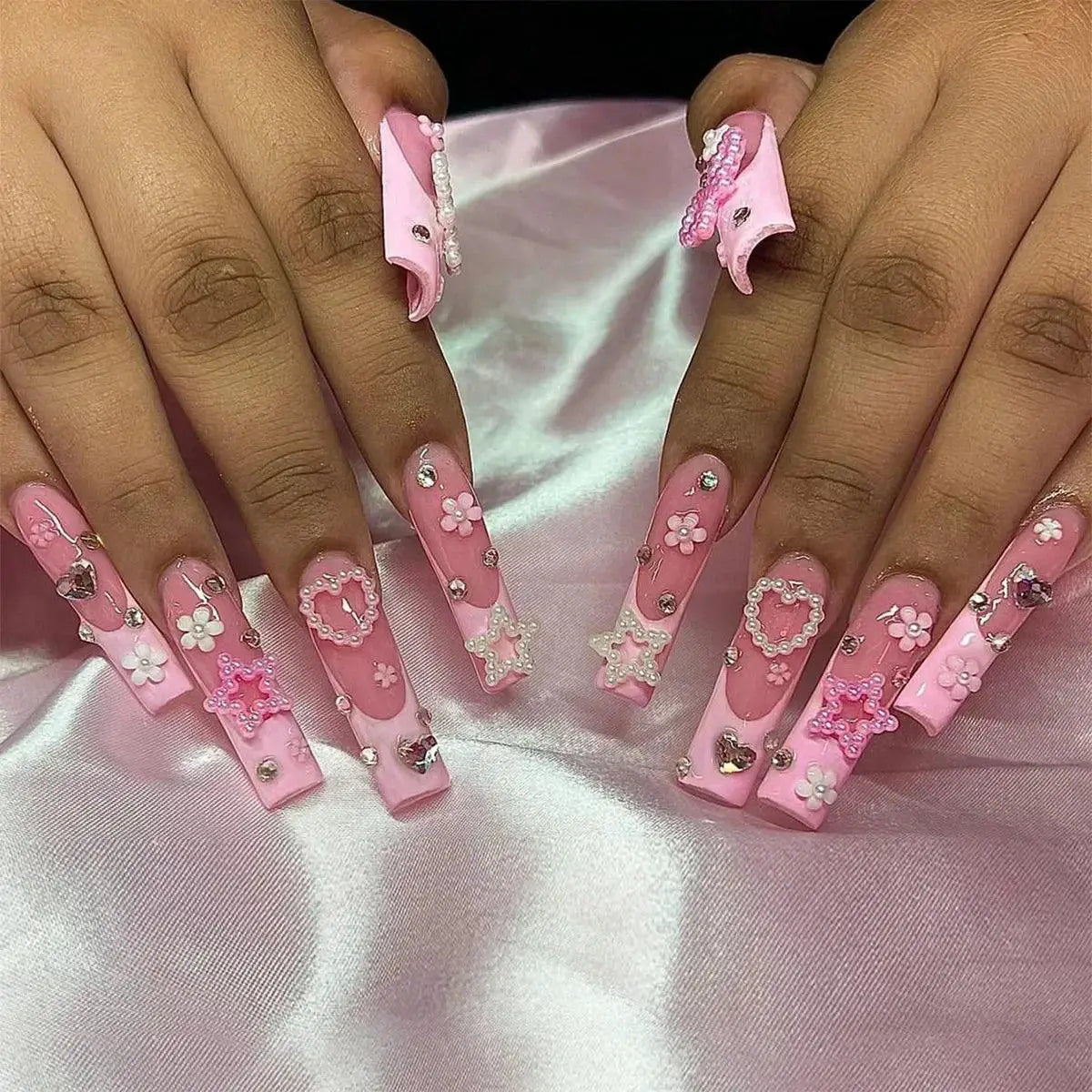 Pink Bow Press On Nails Elegant Pearl Coffin Accent Set