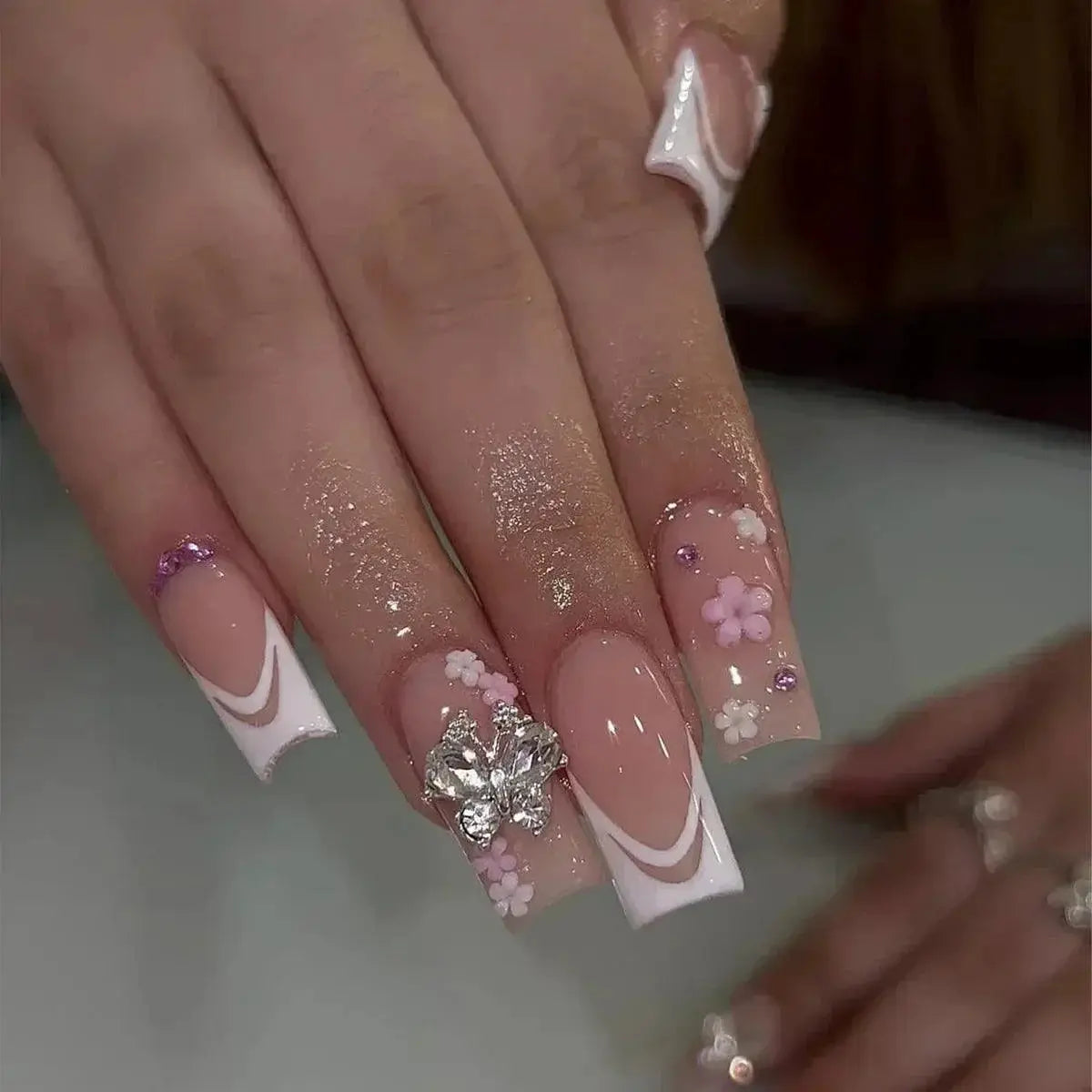 Pink Bow Press On Nails Elegant Pearl Coffin Accent Set