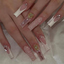 Pink Bow Press On Nails Elegant Pearl Coffin Accent Set