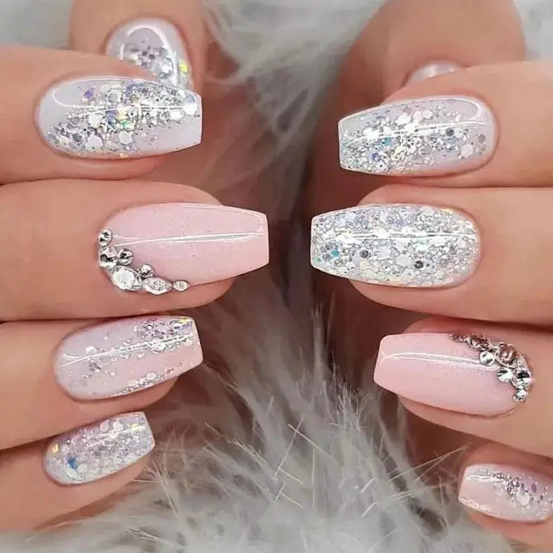 Pink Butterfly Rhinestone Press On Acrylic Nails 24 Pieces