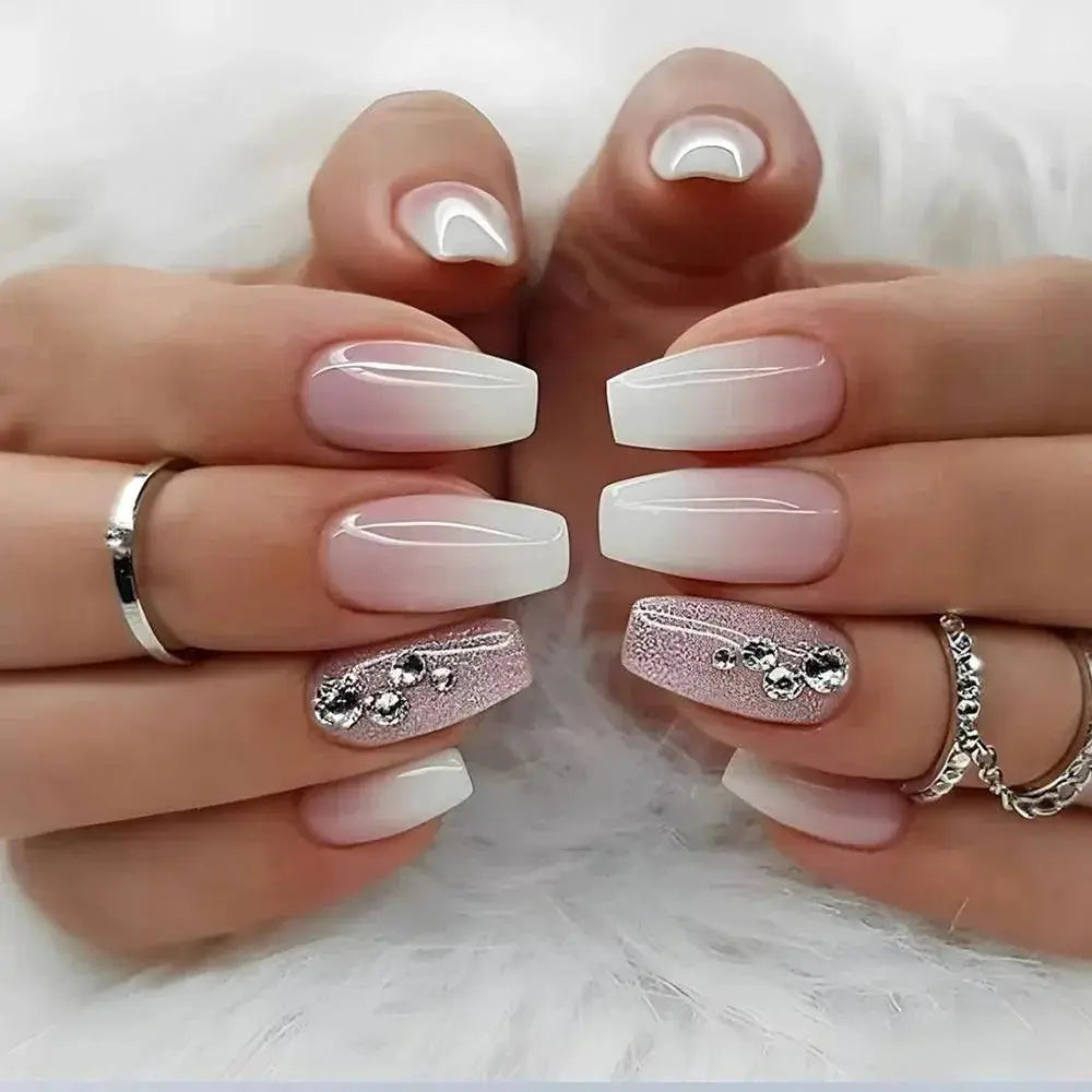Pink Butterfly Rhinestone Press On Acrylic Nails 24 Pieces