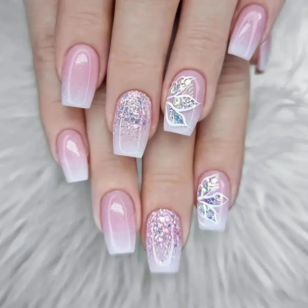 Pink Butterfly Rhinestone Press On Acrylic Nails 24 Pieces