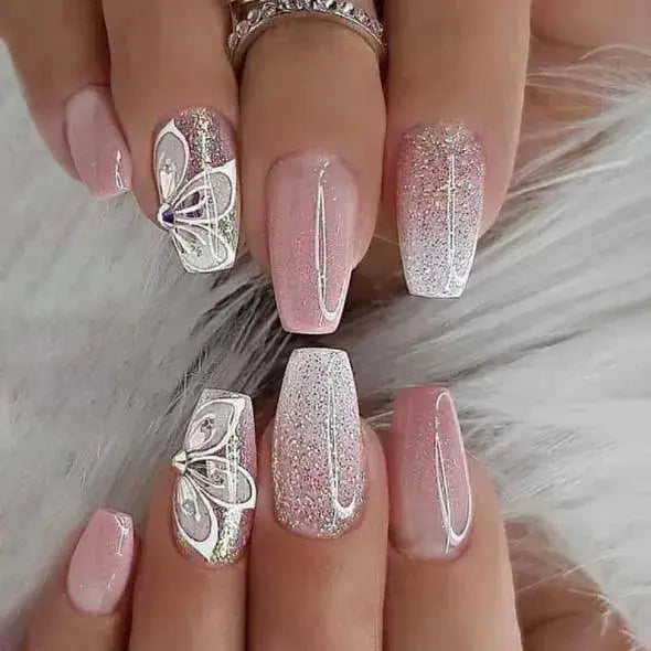 Pink Butterfly Rhinestone Press On Acrylic Nails 24 Pieces