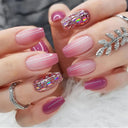 Pink Butterfly Rhinestone Press-On Acrylic Nails Set 24 Pieces