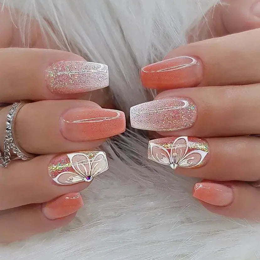 Pink Butterfly Rhinestone Press On Acrylic Nails 24 Pieces