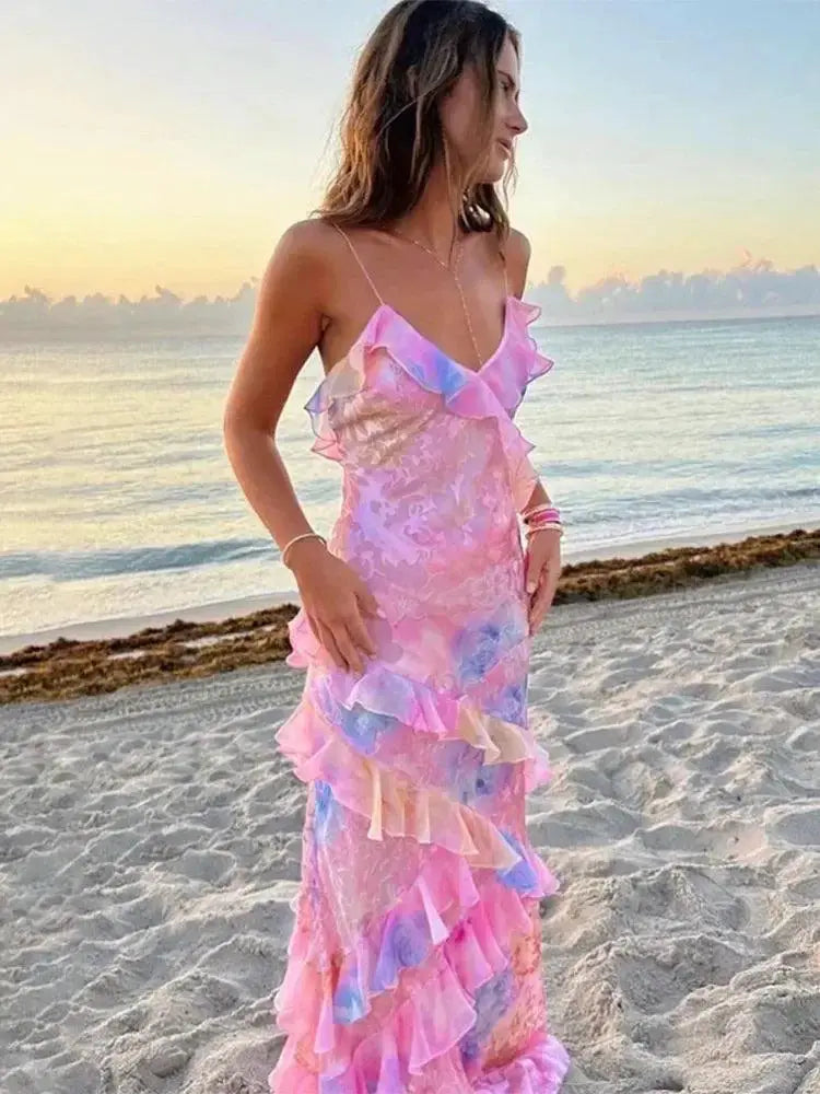 Pink Chiffon Maxi Dress For Stylish Beach Holiday Wear