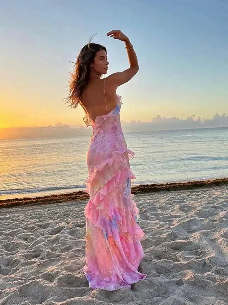 Pink Chiffon Maxi Dress For Stylish Beach Holiday Wear