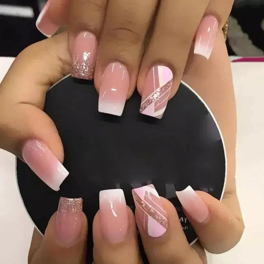 Pink Glitter French Short Coffin Nail Tips Quality Design