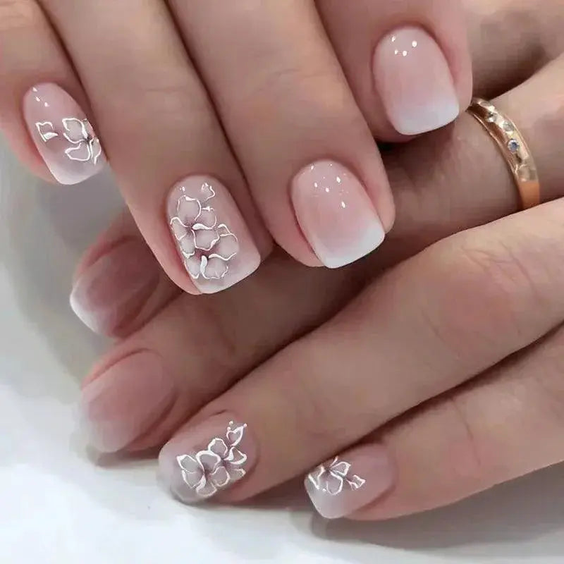 Pink Glitter French Short Coffin Nail Tips Quality Design