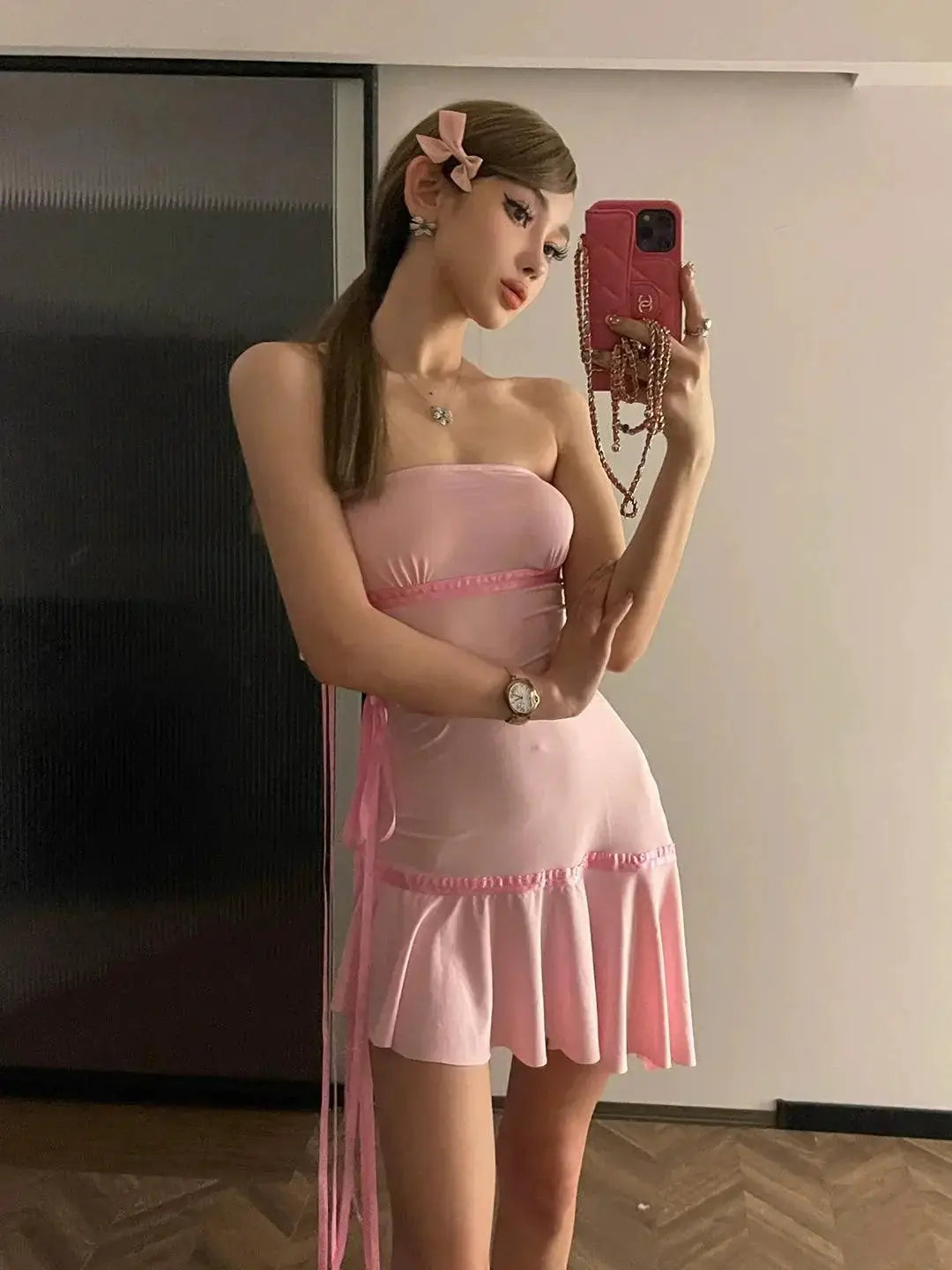 Pink Lace Up Off Shoulder Dress Flattering Summer Silhouette