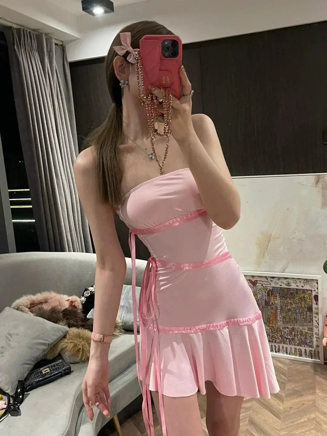 Pink Lace Up Off Shoulder Dress Flattering Summer Silhouette