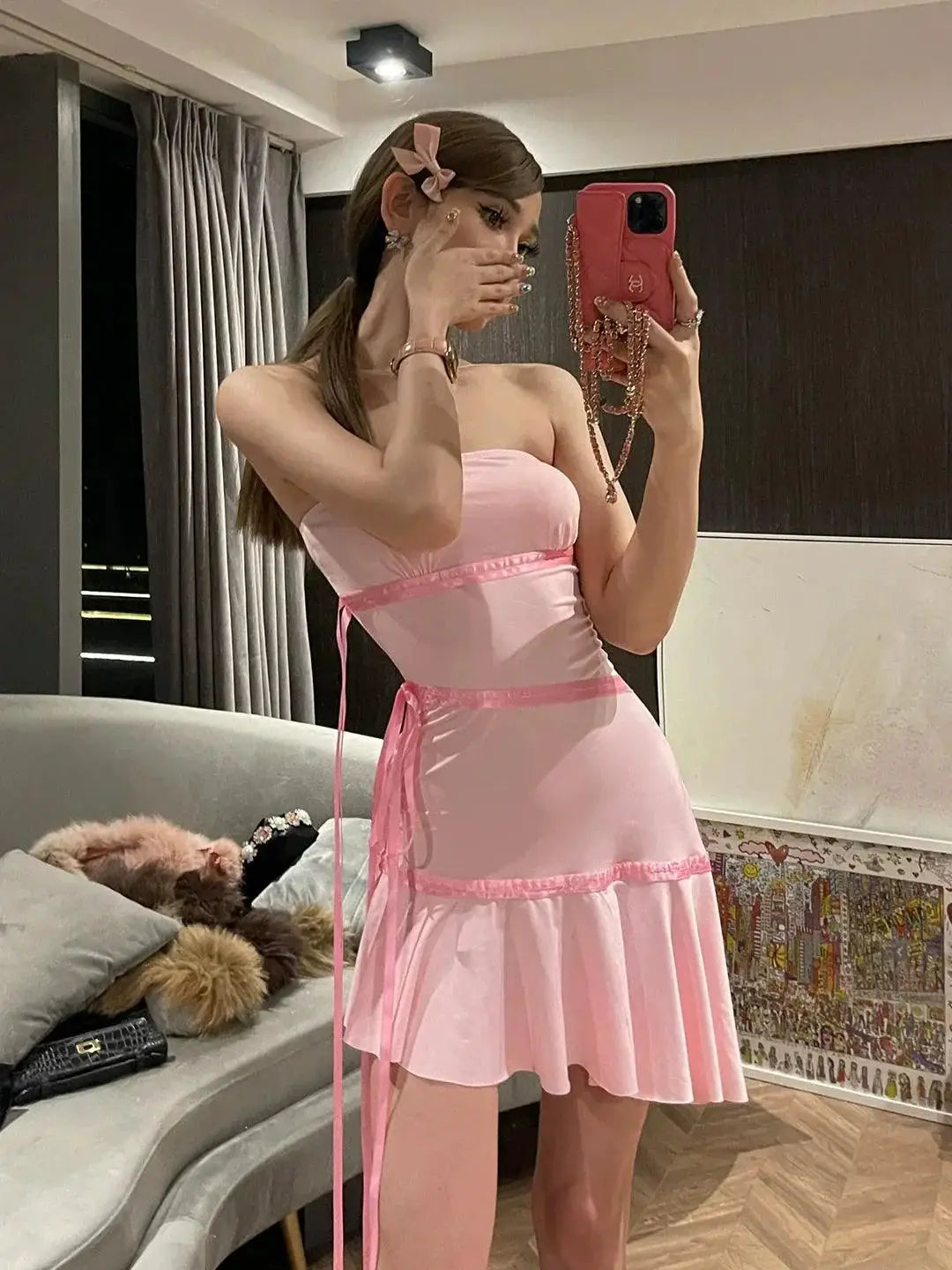 Pink Lace Up Off Shoulder Dress Flattering Summer Silhouette