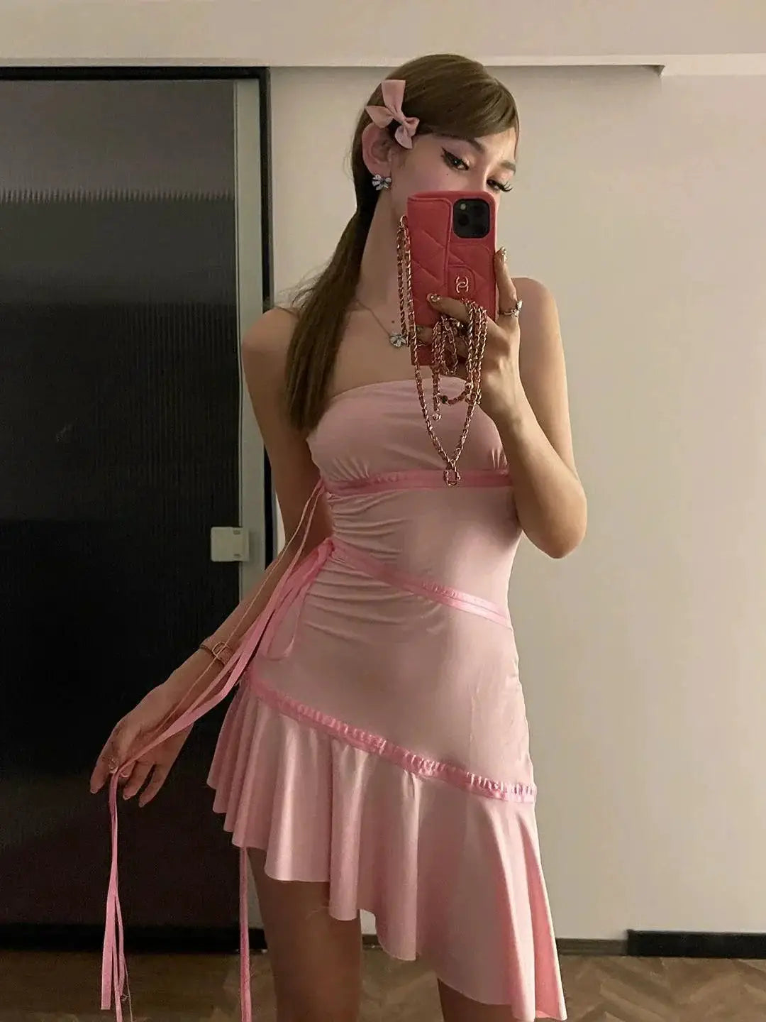 Pink Lace Up Off Shoulder Dress Flattering Summer Silhouette