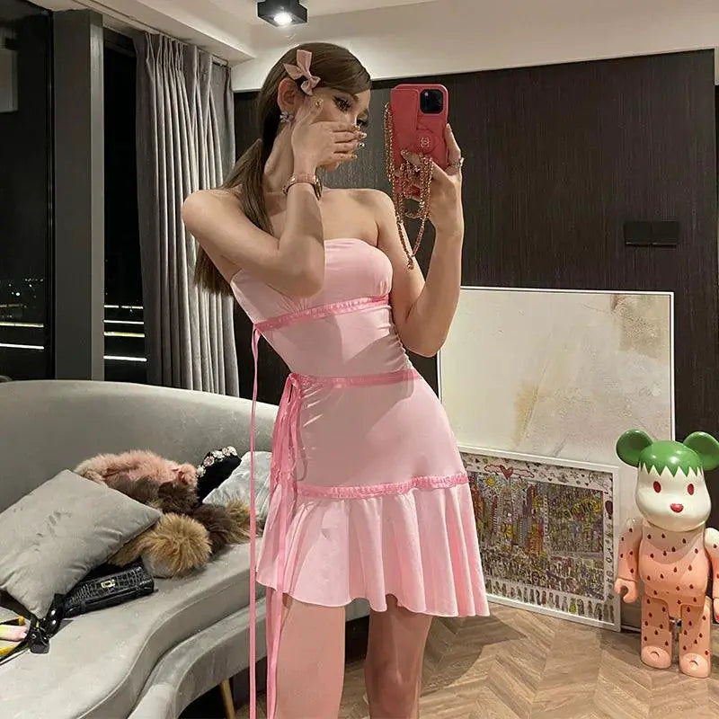 Pink Lace Up Off Shoulder Dress Flattering Summer Silhouette