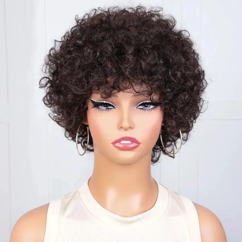 Pixie Afro Curly Bob Human Hair Wig Remy Brown Kinky