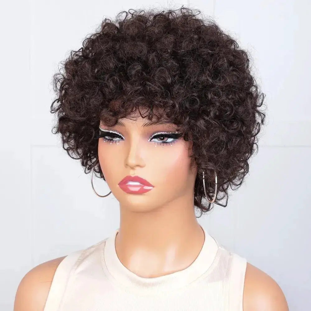Pixie Afro Curly Bob Human Hair Wig Remy Brown Kinky