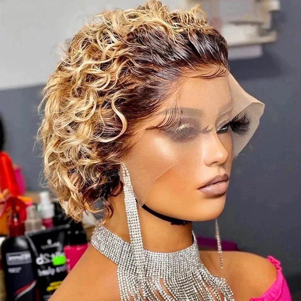 Pixie Cut Brown Lace Wig Spring Curl Bob Style Remy Hair