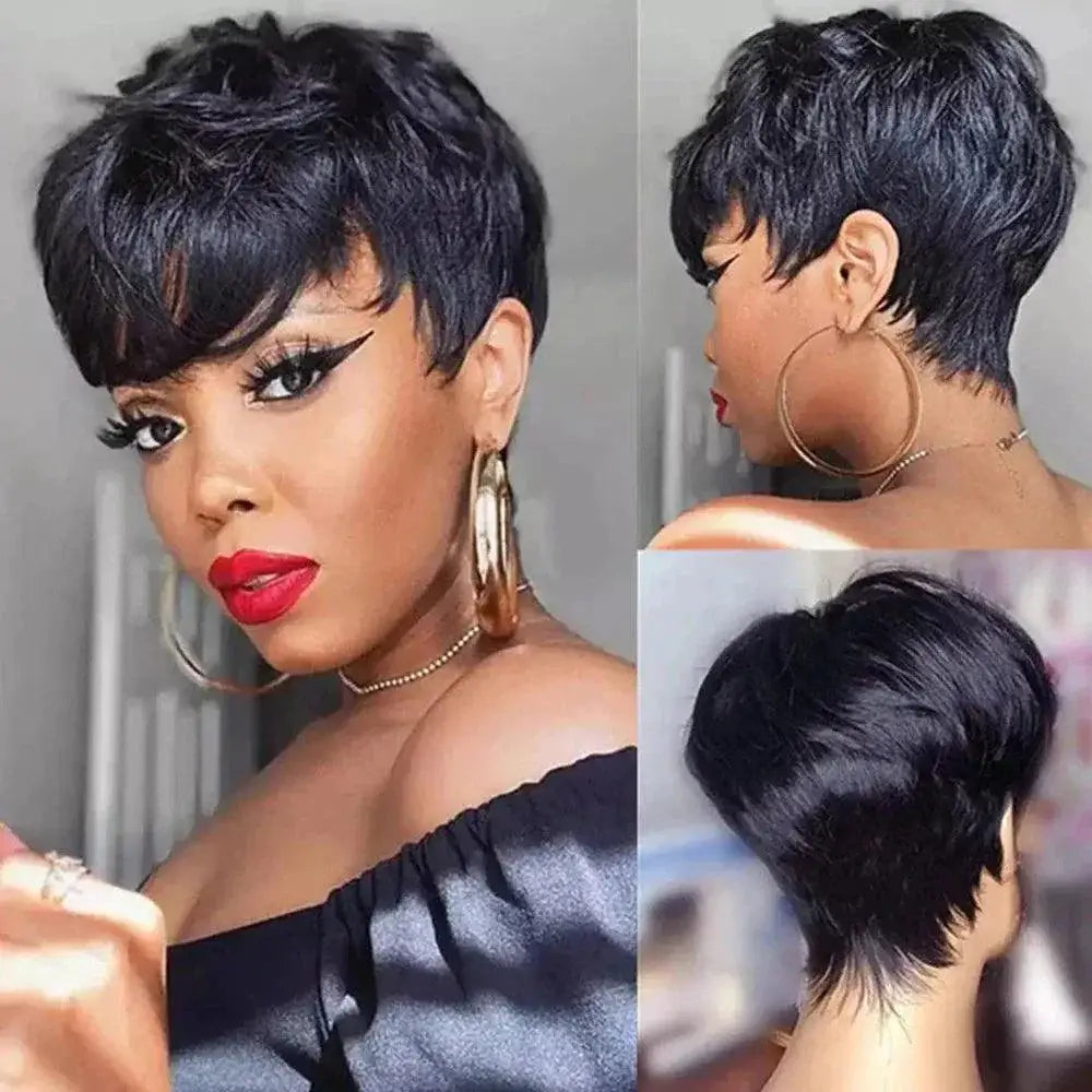 Pixie Cut Brazilian Remy Hair Wig With Bangs Natural Look