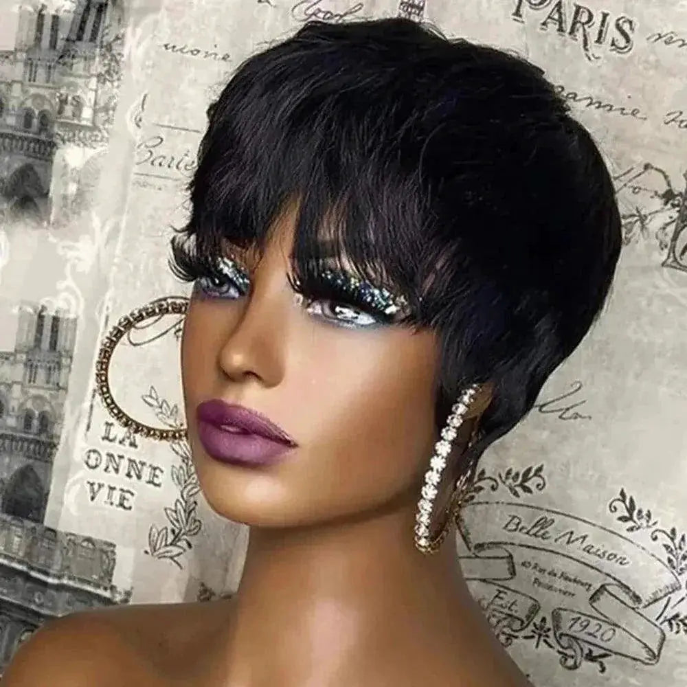 Pixie Cut Brazilian Remy Hair Wig With Bangs Natural Look