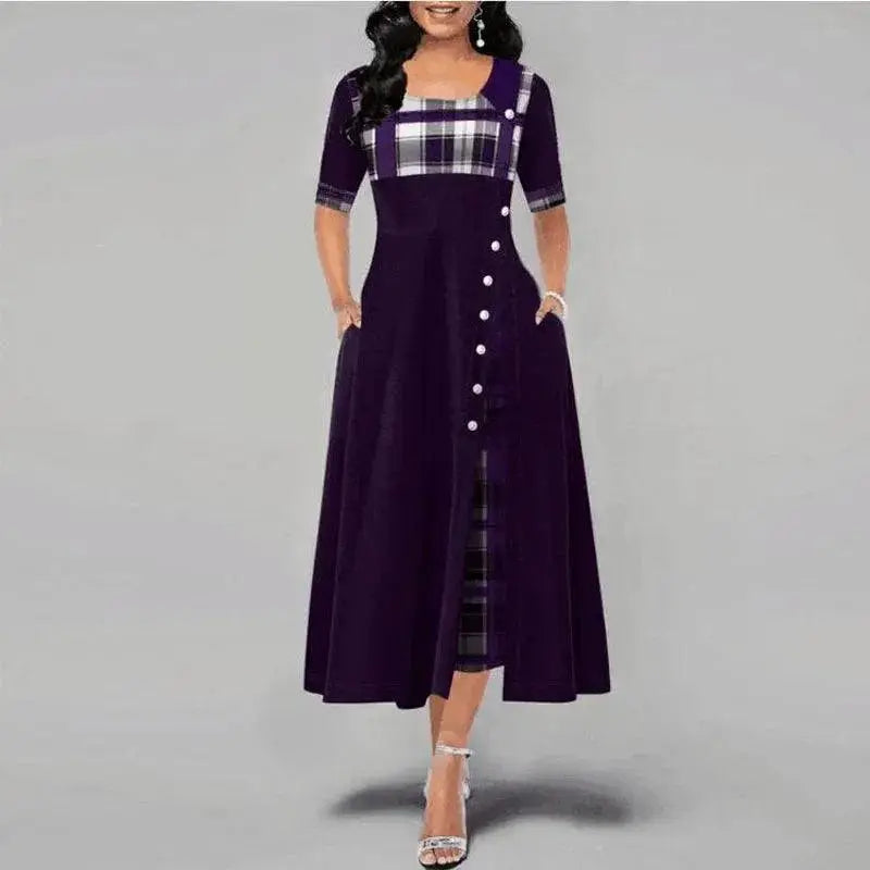 Plaid Print Maxi Dress With Vintage Button Detail Flare
