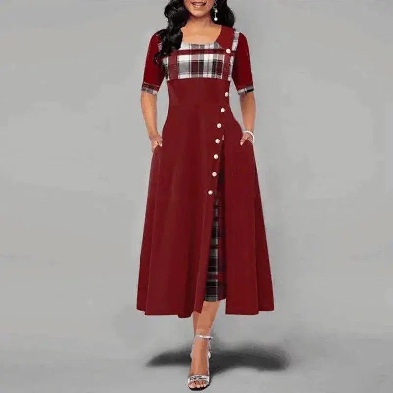 Plaid Print Maxi Dress With Vintage Button Detail Flare