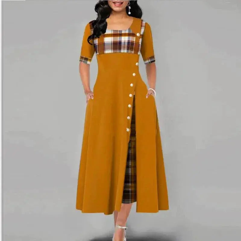 Plaid Print Maxi Dress With Vintage Button Detail Flare