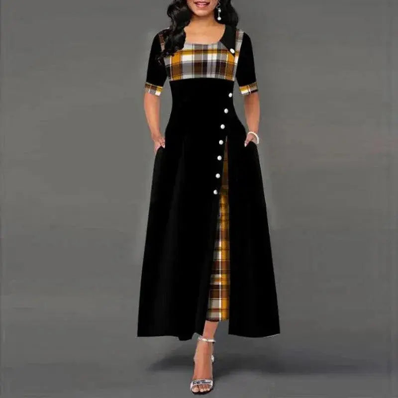 Plaid Print Maxi Dress With Vintage Button Detail Flare