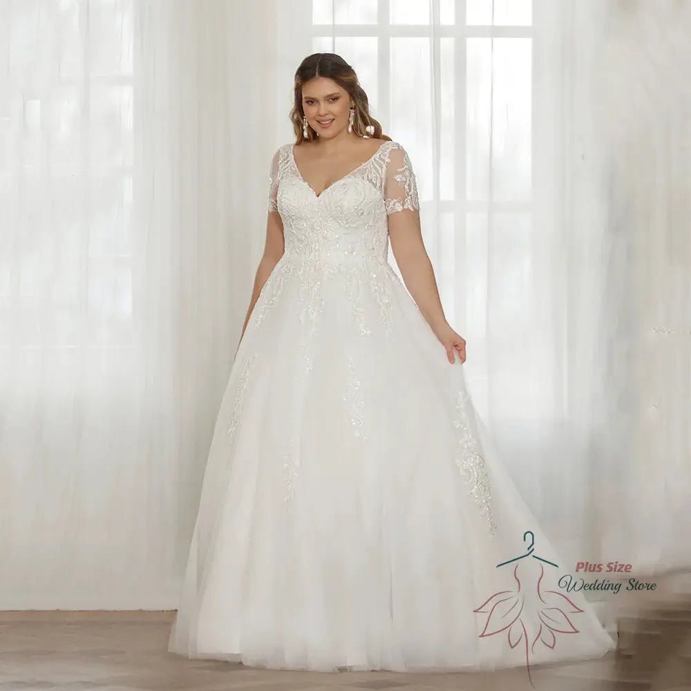 Plus Size V Neck Lace Wedding Dress A Line Gown With Sweep Train Timeless Dream