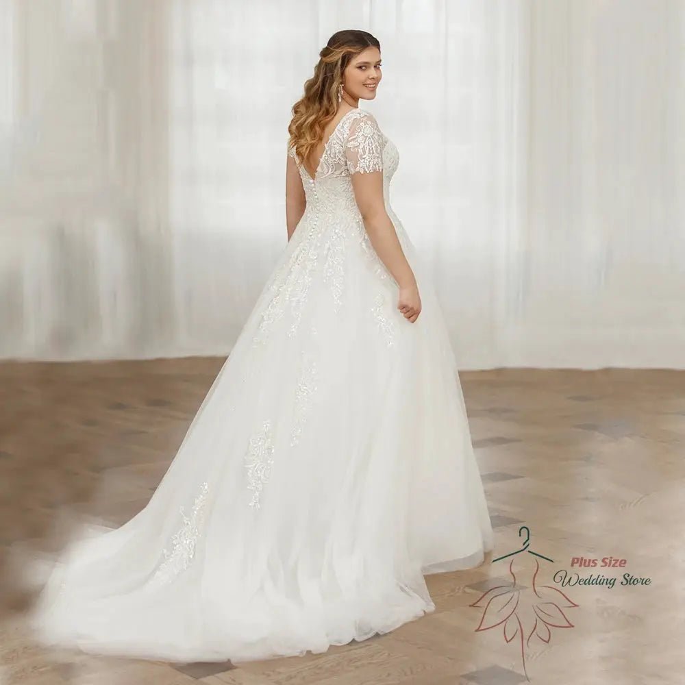 Plus Size V Neck Lace Wedding Dress A Line Gown With Sweep Train Timeless Dream