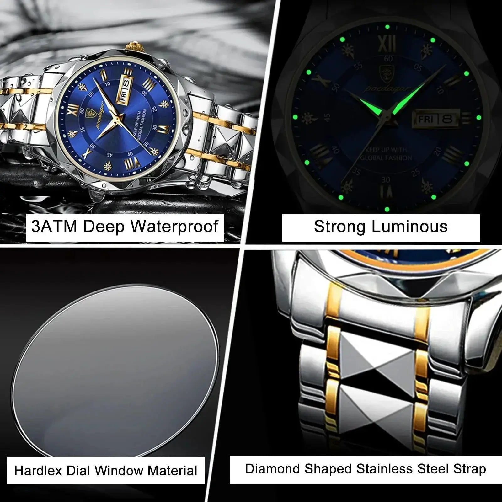 POEDAGAR Luxury Business Watch Waterproof Luminous Dial