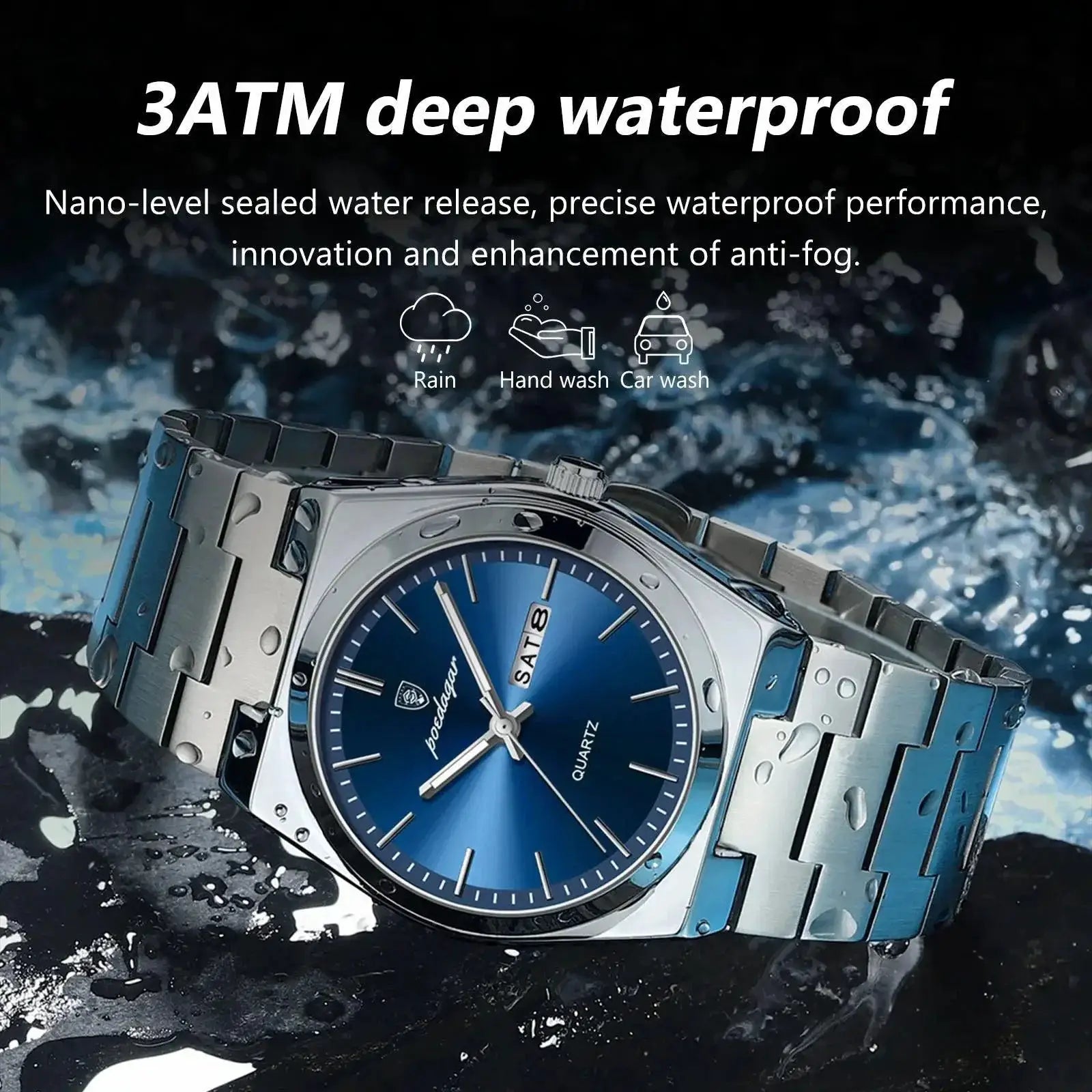 Poedagar Luxury Stainless Steel Watch Mens Waterproof