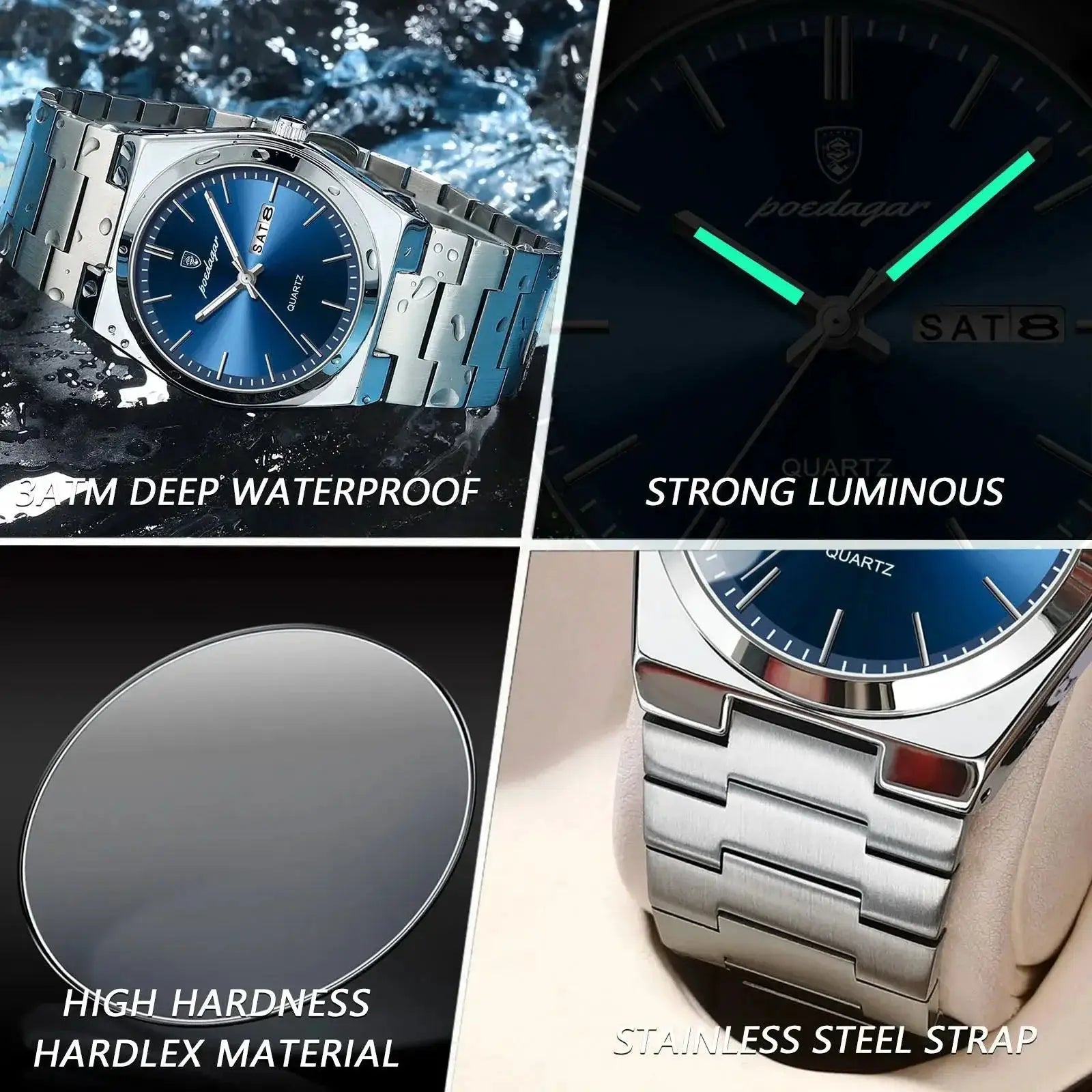 Poedagar Luxury Stainless Steel Watch Mens Waterproof