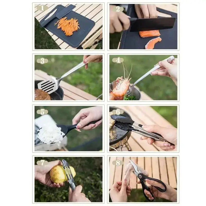 8 Piece Portable Camping Kitchen Cookware Set for Outdoors