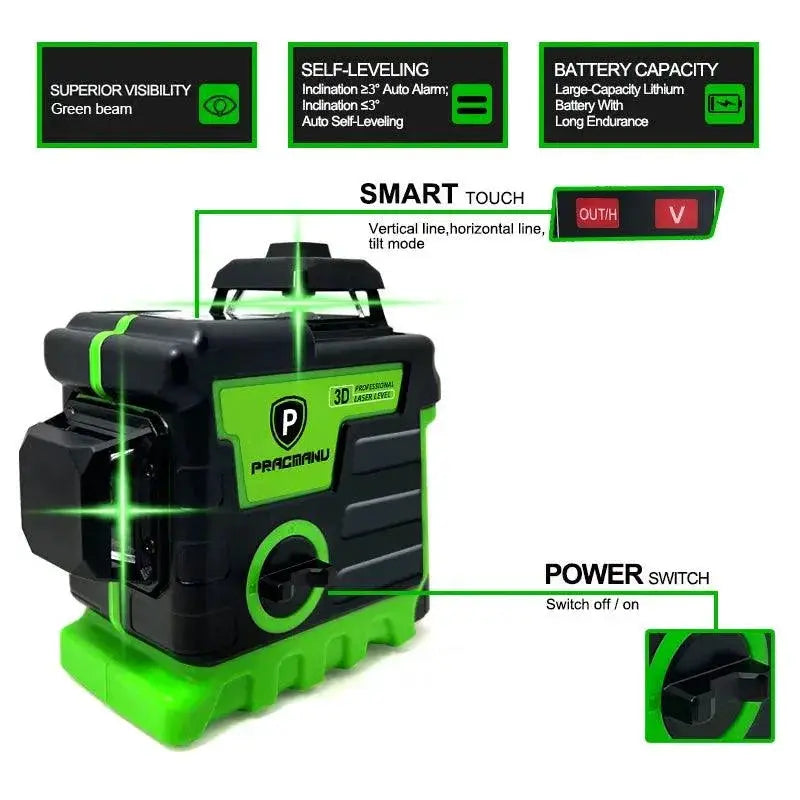 Pracmanu Green Beam 3D Laser Level For Precision Alignment