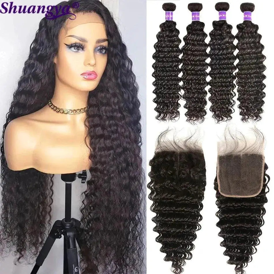 Premium Brazilian Deep Wave Hair Bundles With Lace Frontal