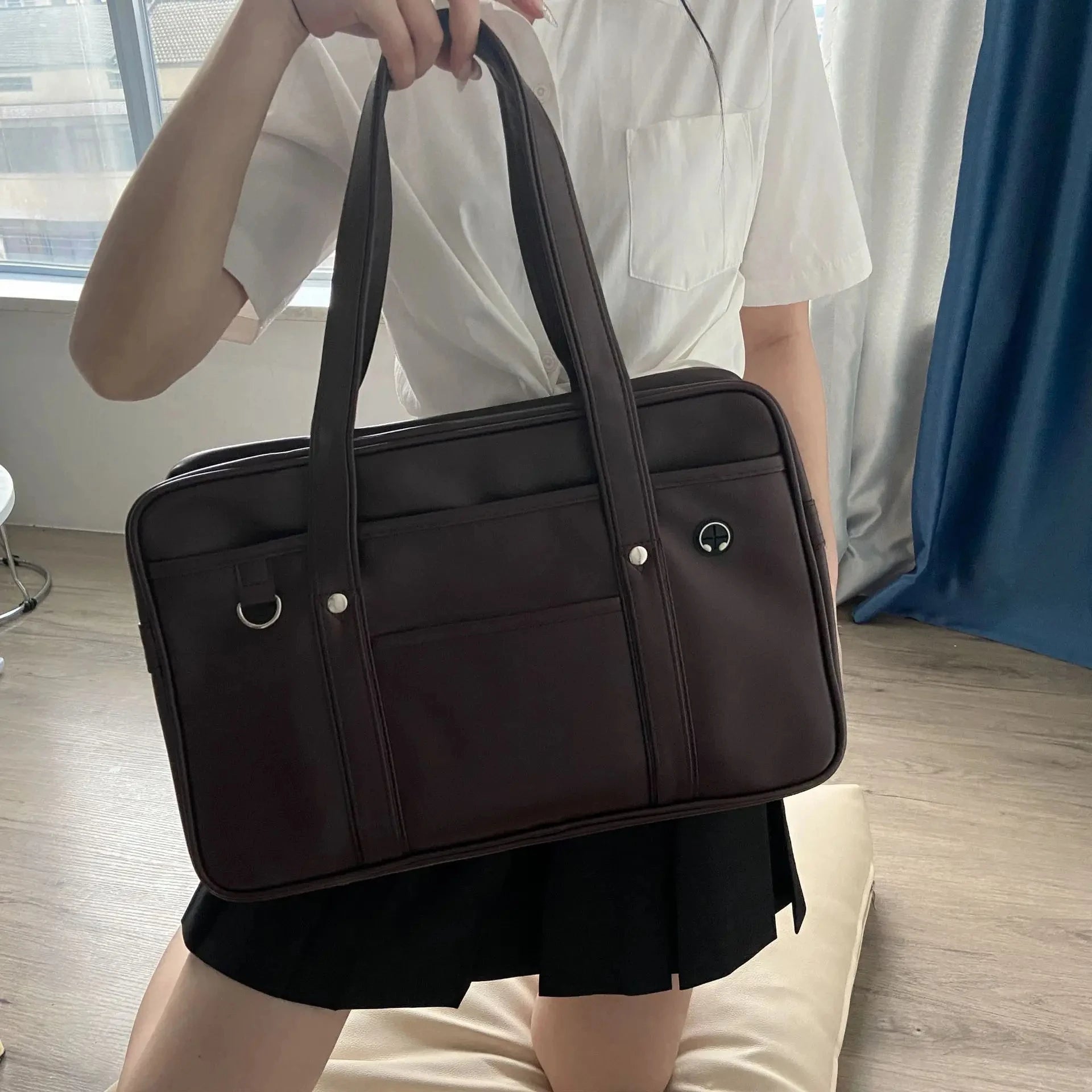 PU Leather Japanese Style Handbag Tote Large Capacity Waterproof Unisex Carryall