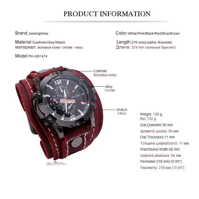 Punk Style Quartz Wristwatch With Wide Cowhide Bracelet