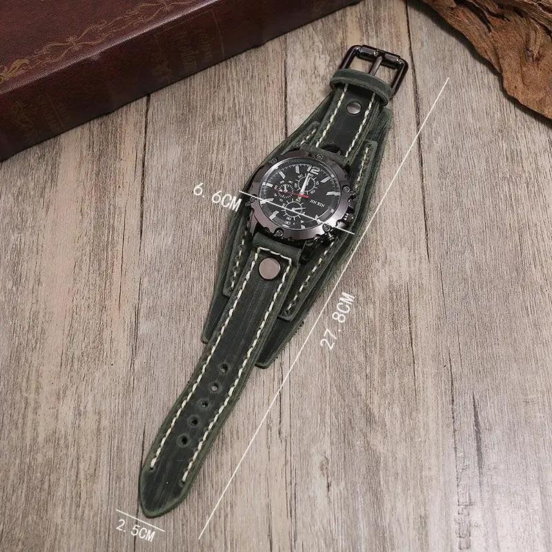 Punk Style Quartz Wristwatch With Wide Cowhide Bracelet