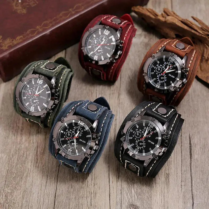 Punk Style Quartz Wristwatch With Wide Cowhide Bracelet