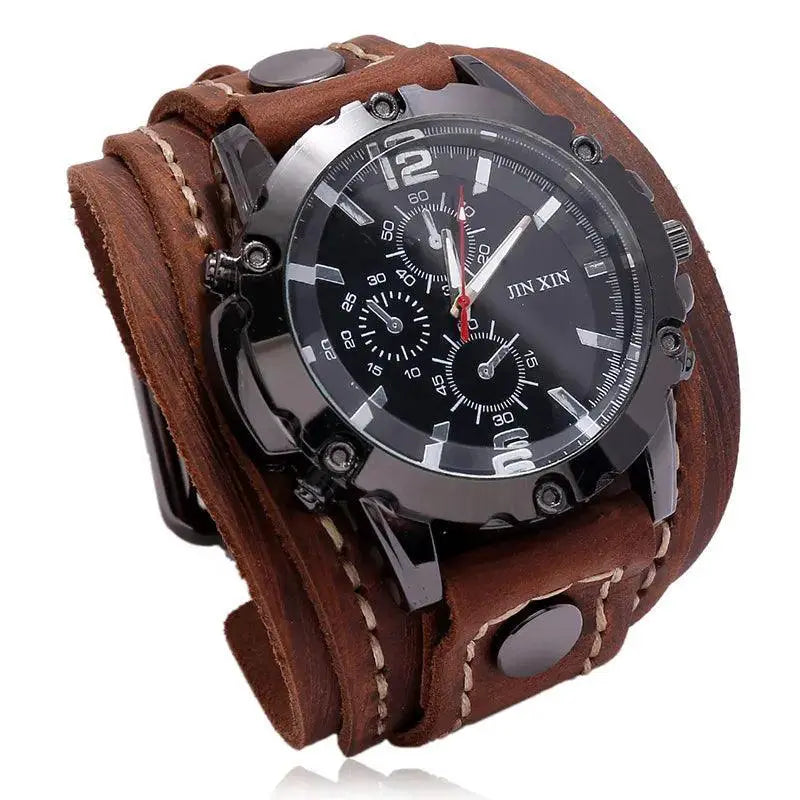 Punk Style Quartz Wristwatch With Wide Cowhide Bracelet