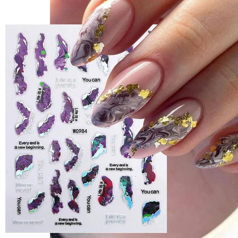 Purple Smoke Marble Nail Stickers With Golden Wave