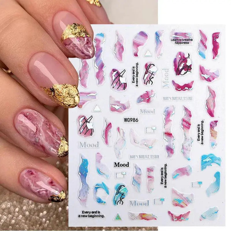 Purple Smoke Marble Nail Stickers With Golden Wave
