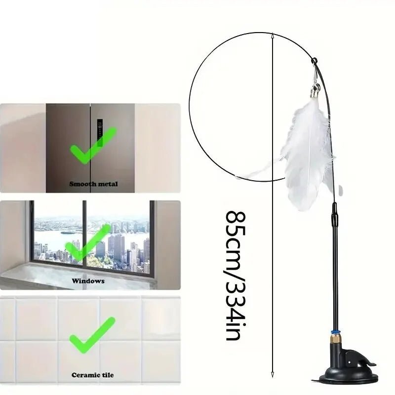 PurrJoy Cat Teaser Toy - Interactive Bell And Feather Wand With Long Suction Cup