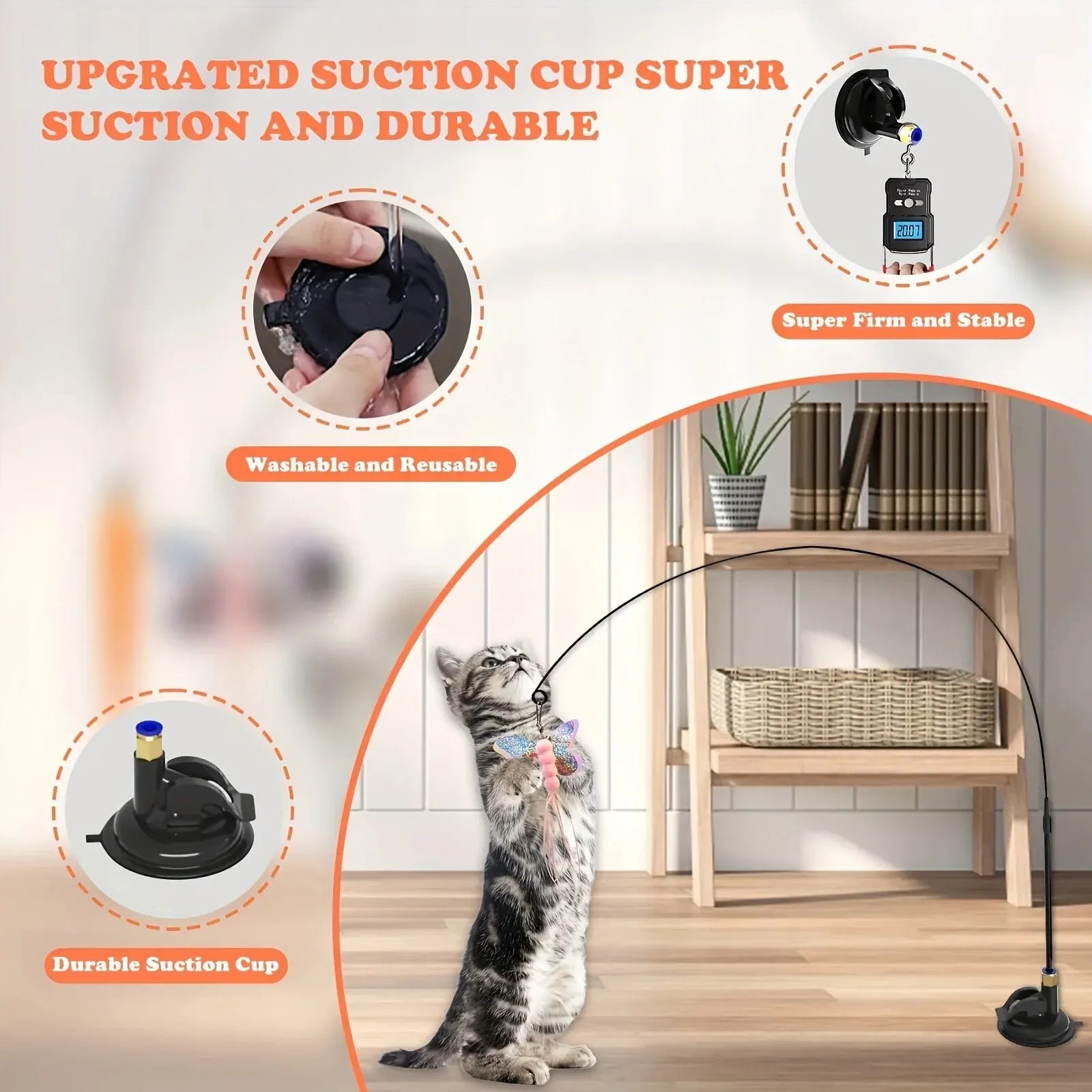 PurrJoy Cat Teaser Toy - Interactive Bell And Feather Wand With Long Suction Cup